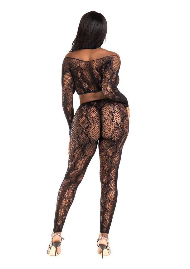 Leg Avenue Python Net Crop Top and Footless Tights (2 Piece) - O/S - Black