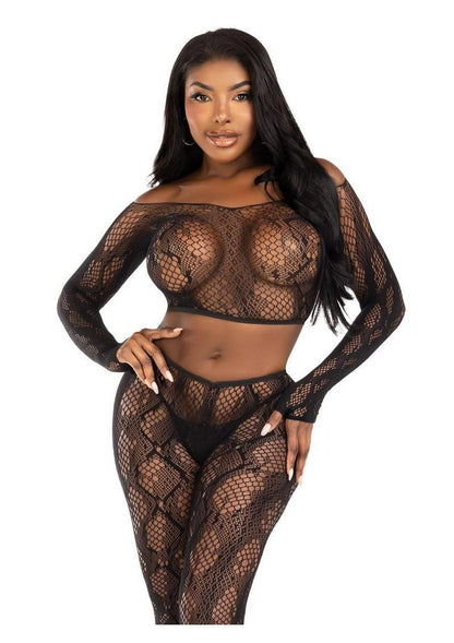 Leg Avenue Python Net Crop Top and Footless Tights (2 Piece) - O/S - Black