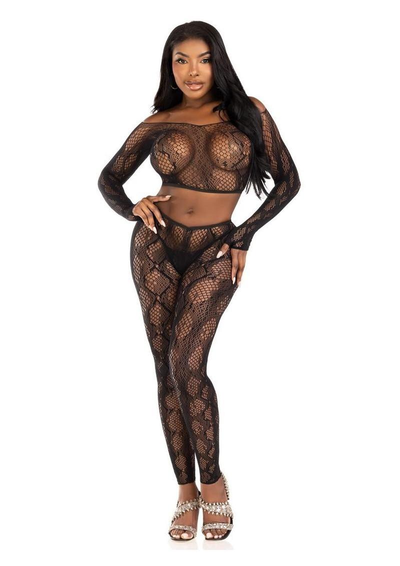 Leg Avenue Python Net Crop Top and Footless Tights (2 Piece) - O/S - Black