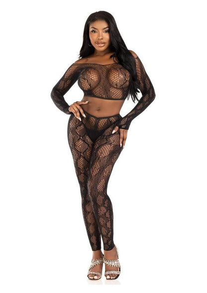 Leg Avenue Python Net Crop Top and Footless Tights (2 Piece) - O/S - Black